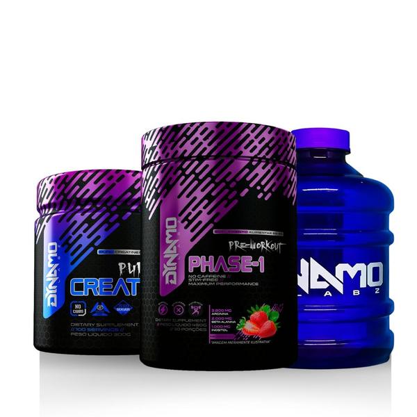 Imagem de Kit Creatina 100% Pura 300g + Pré-Treino Phase-1 450g + Galão 1Lt Dynamo Labz