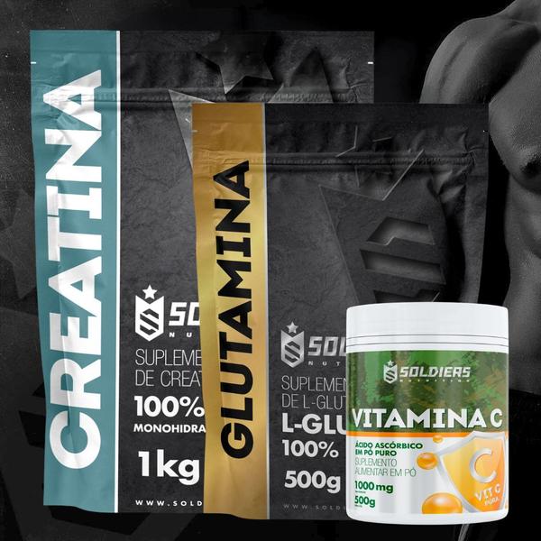 Imagem de Kit: Creatina Monohidratada 1Kg + Glutamina 500g + Vitamina C Em Pó 500g - 100% Pura Importada - Soldiers Nutrition