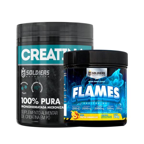 Imagem de Kit: Creatina Monohidratada Pote 300g 100% Pura + Pré-Treino Flames 200g - Soldiers Nutrition