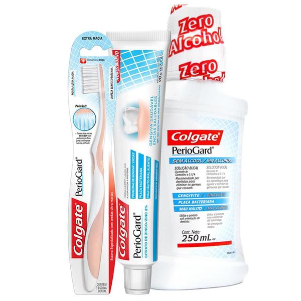 Imagem de Kit Creme Dental Colgate PerioGard 90g + Solução Bucal S/ Álcool 250ml + Escova Dental