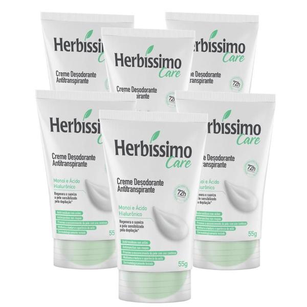 Imagem de Kit Creme Desodorante Antitranspirante Herbíssimo Care Monoi e Acido Hialuronico Bisnaga 55g - 6 unidades