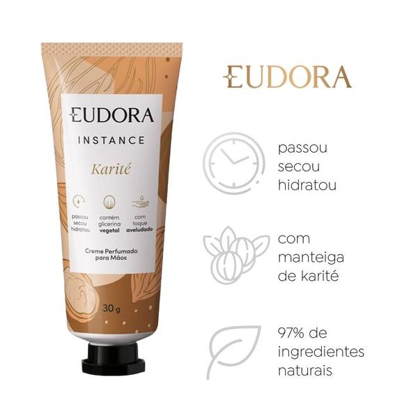 Imagem de Kit Creme Perfumado para Mãos e 4 Sabonetes Vegetal em Barra Perfumado Eudora Instance Karité 80g