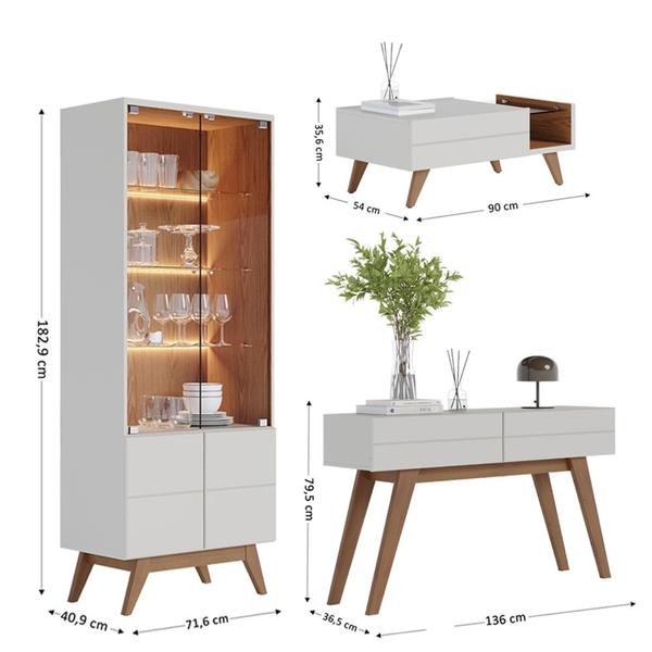 Imagem de Kit Cristaleira Aparador Mesa de Centro Rebeca e Espelho Adnet 67cm C05 Off White/Freijó - Mpozenato