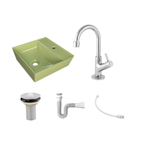 Imagem de Kit Cuba Aq33 Volcano com Torneira 1198 e Válvula Metal com Sifão e Flexível Verde Acqua