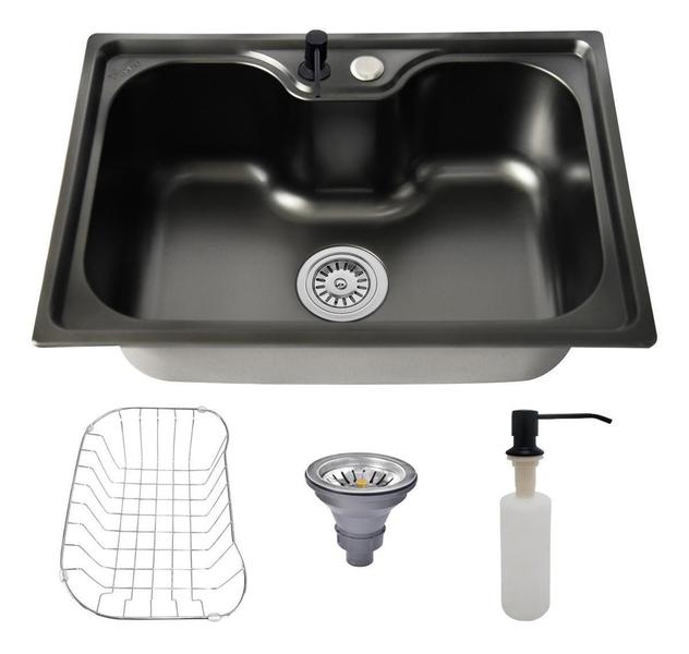 Imagem de Kit Cuba Cozinha Gourmet Aço Inox 60X42 Torneira Slim Preto