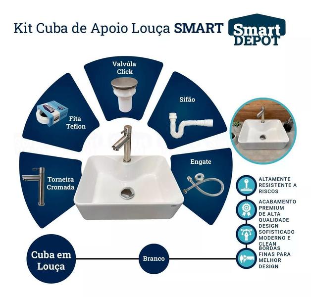 Imagem de Kit Cuba De Banheiro Torneira Valvula Click Cromado Smart