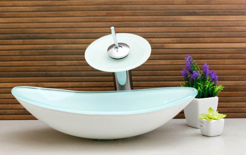 Imagem de Kit cuba de vidro oval canoa com torneira cascata monocomando e válvula click up inclusa para banheiros e lavabos- acabamento em tinta epóxi