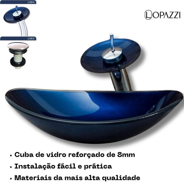 Imagem de Kit Cuba de Vidro Oval Canoa + Torneira Cascata Monocomando + Válvula Click UP Banheiros Lavabos