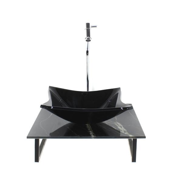 Kit cuba de vidro quadrada 10mm com tampo de vidro 40cm x 40cm mármore preto e suporte preto - Cubas e Gabinetes Imagem de Kit cuba de vidro quadrada 10mm com tampo de vidro 40cm x 40cm mármore preto e suporte preto