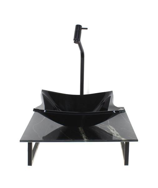 Kit cuba de vidro quadrada 10mm com tampo de vidro 40cm x 40cm mármore preto e suporte preto - Cubas e Gabinetes Imagem de Kit cuba de vidro quadrada 10mm com tampo de vidro 40cm x 40cm mármore preto e suporte preto
