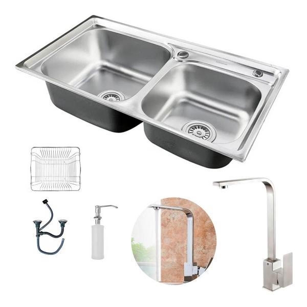 Imagem de Kit Cuba Dupla Cozinha Gourmet Inox E Torneira Perfil L Slim