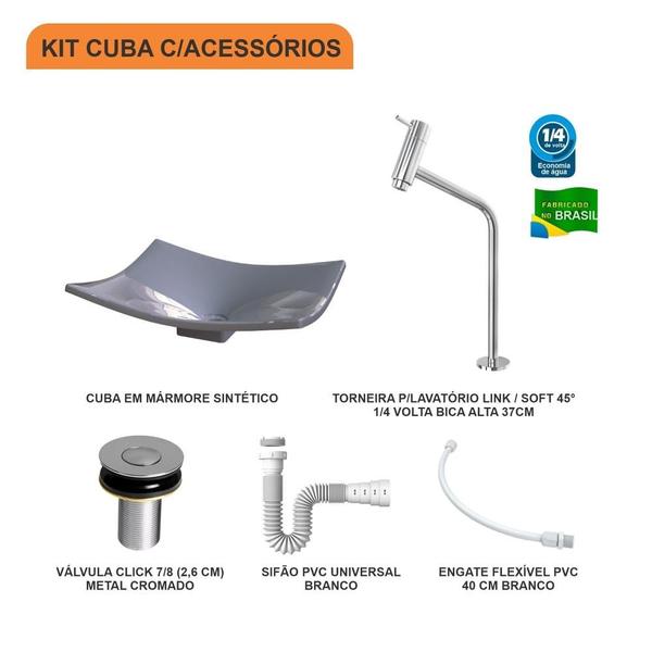 Imagem de Kit Cuba F44 C/Torneira Link 1062 Metal + Válvula Click 1''B (2,6cm) + Sifão Pvc + Flexível