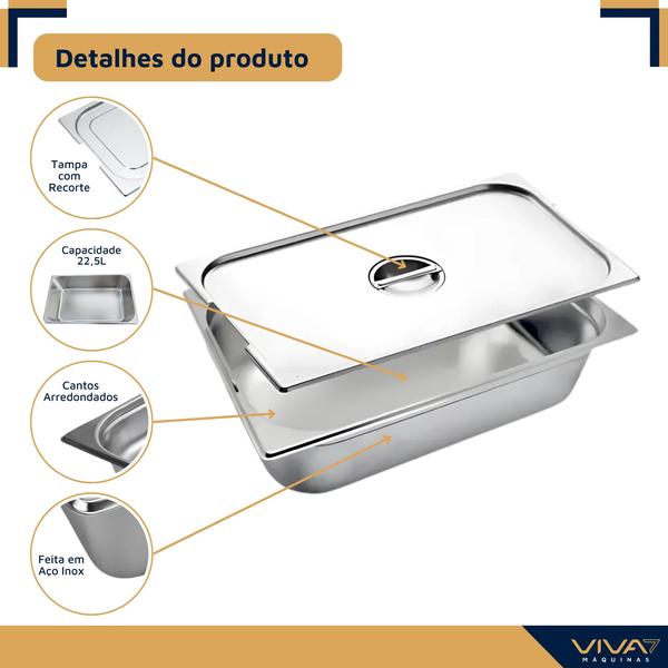 Imagem de Kit Cuba Gastronômica Gn 1/1x150mm Com Alça Inox Com Tampa Com Recorte