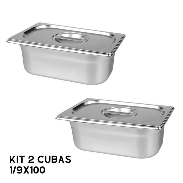 Imagem de Kit Cuba Gn 1/9 100mm Gastronomica 2 Un Inox 1l Com Tampa