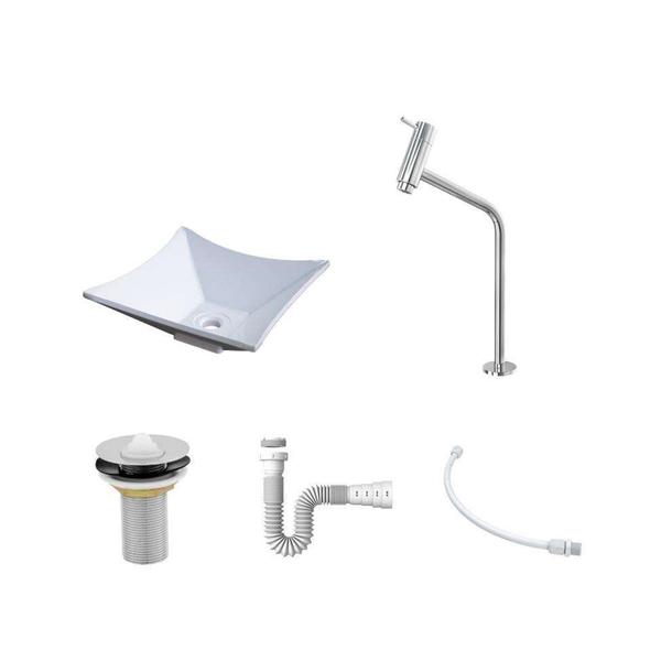 Imagem de Kit Cuba L30 com Torneira Link 1062 Metal + Válvula 1'' (2,6cm) + Sifão Pvc + Flexível Branca