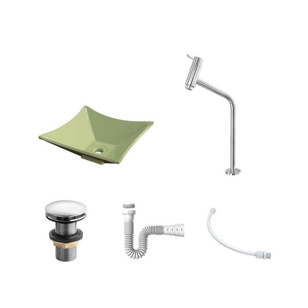 Imagem de Kit Cuba L30 com Torneira Link 1062 Metal + Válvula Click 1 1/2'' (4,0cm) + Sifão Pvc + Flexível Verde Acqua