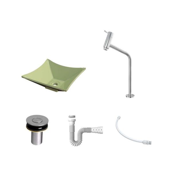 Imagem de Kit Cuba L30 com Torneira Link 1062 Metal + Válvula Click 1''B (2,6cm) + Sifão Pvc + Flexível Verde Acqua