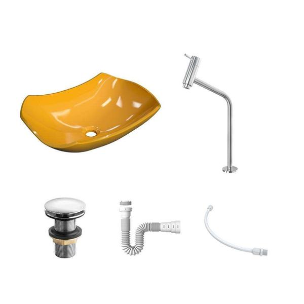 Imagem de Kit Cuba L42 com Torneira Link 1062 Metal + Válvula Click 1''G + Sifão Pvc + Flexível Amarelo