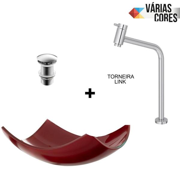 Imagem de Kit Cuba Lótus 40cm com Torneira Link Alta Cromada e Válvula Click p/ Banheiros Lavabos - Várias Cores