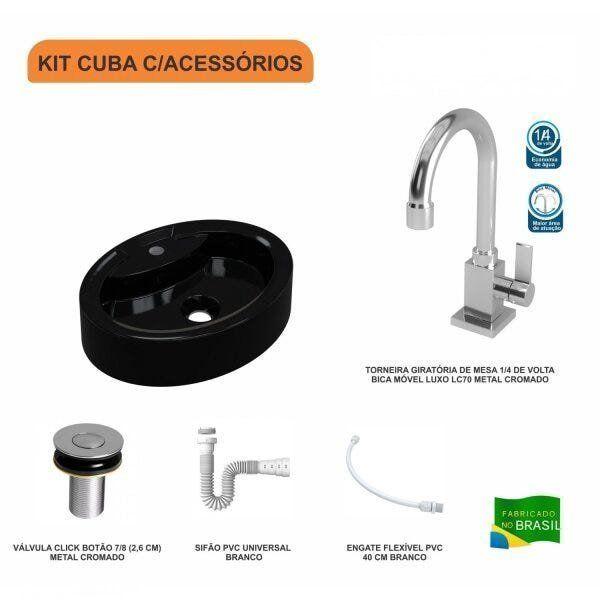 Imagem de Kit Cuba OV43 com Torneira Luxo 1195 Metal e Válvula Click 1 Polegada B e Sifão Pvc e Flexível Compa