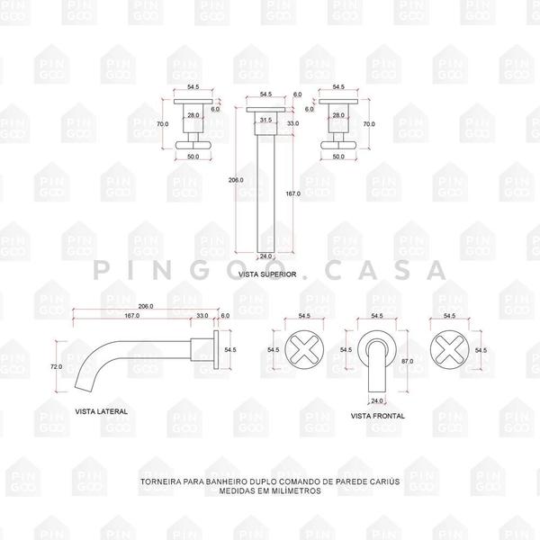 Imagem de Kit Cuba para Banheiro Retangular Slim Cerâmica Fluorita e Torneira Duplo Comando de Parede Cariús - Cinza Fosco e Prata