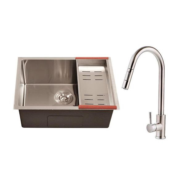 Imagem de Kit Cuba para Cozinha Terena 58 cm e Torneira Misturador Monocomando em Aço Inox Iriri - Prata