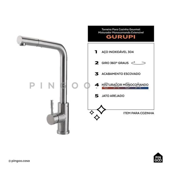 Imagem de Kit Cuba para Cozinha Terena 58 cm e Torneira Misturador Monocomando Extensível Gurupi - Prata