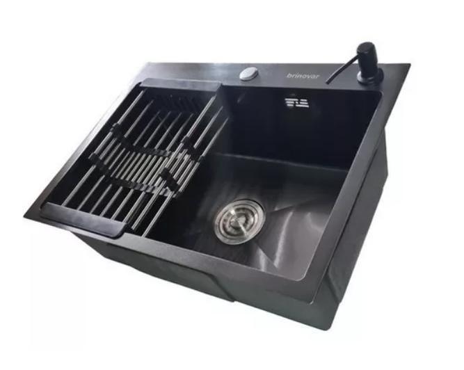 Imagem de Kit Cuba Pia Aço Inox Preta Quadrada Cozinha Torneira Slim