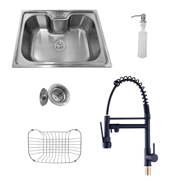 Kit Cuba Pia Gourmet Luxo Prizi Aço Inox 304 SB6042 + Torneira Gourmet Prizi com Spray, Monocomando Preta - KE6024 Imagem de Kit Cuba Pia Gourmet Luxo Prizi Aço Inox 304 SB6042 + Torneira Gourmet Prizi com Spray, Monocomando Preta - KE6024