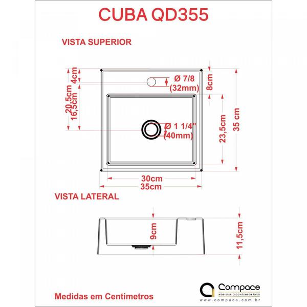 Imagem de Kit Cuba Q355 Torneira 1198 Metal Válvula 1 Polegada Compace