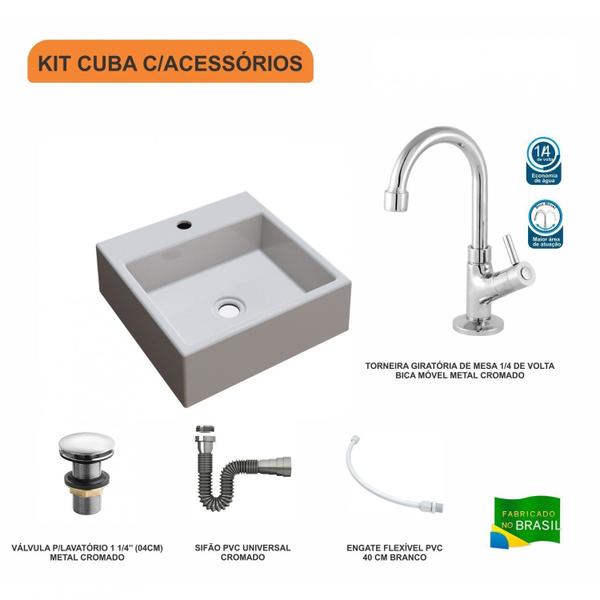 Imagem de Kit Cuba Q355 Torneira 1198 Metal Válvula Click 1 1/2 Polegada Sifão Cromado Flexível Compace