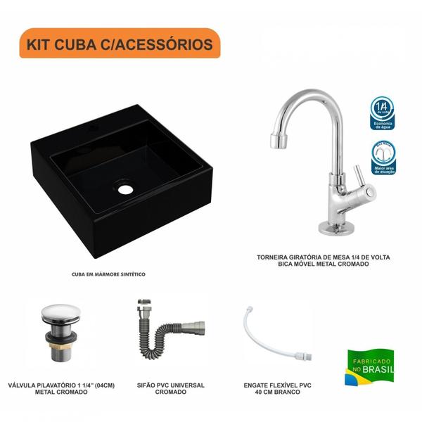 Imagem de Kit Cuba Q355 Torneira 1198 Metal Válvula Click 1 1/2 Polegada Sifão Cromado Flexível Compace