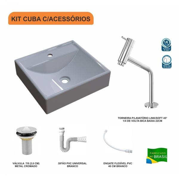 Imagem de Kit Cuba Q39 com Torneira Pratika 1060 Metal e Válvula, Sifão Pvc e Flexível Compace