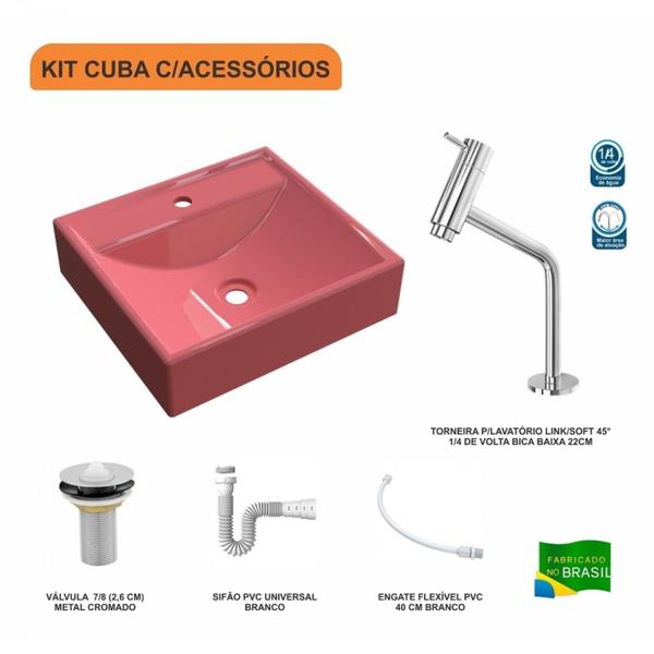 Imagem de Kit Cuba Q39 com Torneira Pratika 1060 Metal e Válvula, Sifão Pvc e Flexível Compace