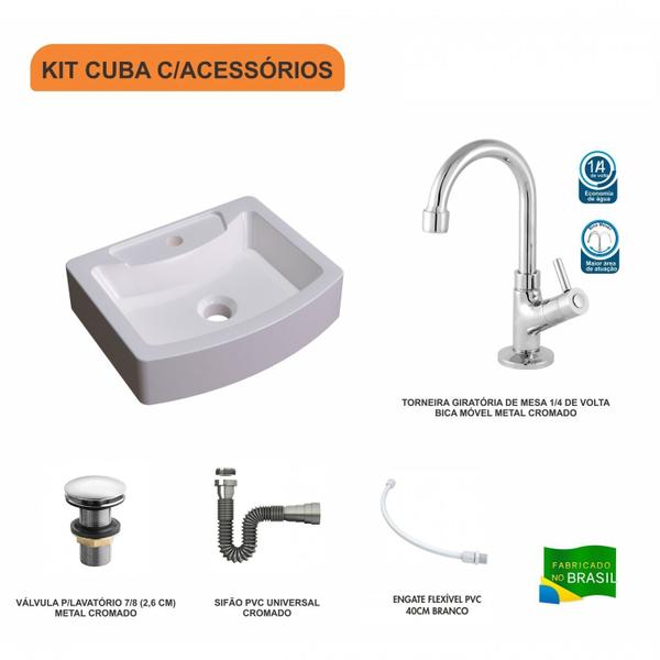 Imagem de Kit Cuba Rt41 com Torneira 1198 Metal e Válvula Click 1 Polegada G e Sifão Cromado e Flexível Compac