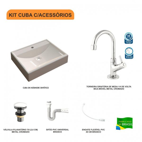 Imagem de Kit Cuba Rt49 com Torneira 1198 Metal e Válvula Click 1 Polegada G e Sifão Pvc e Flexível Compace