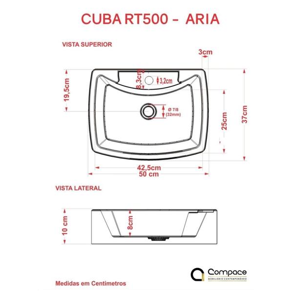 Imagem de Kit Cuba RT50 C/Torneira Luxo 1195 Metal + Válvula Click 1''B (2,6cm) + Sifão Pvc + Flexível