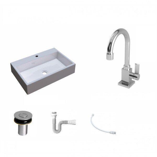 Imagem de Kit Cuba RT55 com Torneira Luxo 1195 Metal e Válvula Click 1 Polegada B e Sifão Pvc e Flexível Compa