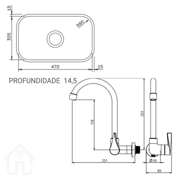 Imagem de Kit Cuba Tramontina 47X30 Po Ref: 94083/507 Torneira Parede