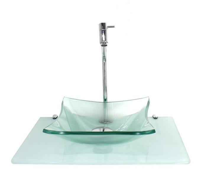 Kit Cuba Vidro 10Mm Incolor Tampo 50Cm Branco Full Suporte - Cubas E Gabinetes Imagem de Kit Cuba Vidro 10Mm Incolor Tampo 50Cm Branco Full Suporte