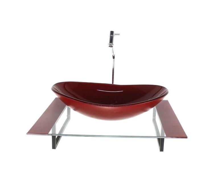 Imagem de Kit Cuba Vidro Oval Tampo 60Cm Vermelho Cereja E Suporte