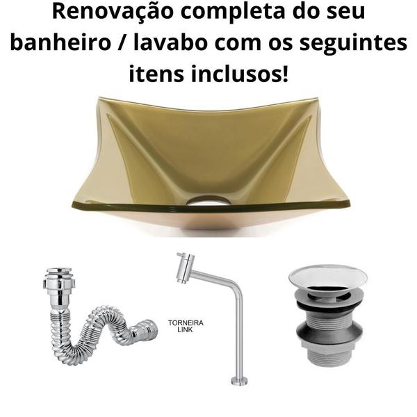 Imagem de Kit Cuba Vidro Quadrada 30cm p/ Banheiros Lavabos + Torneira Link + Válvula Click + Sifão Universal