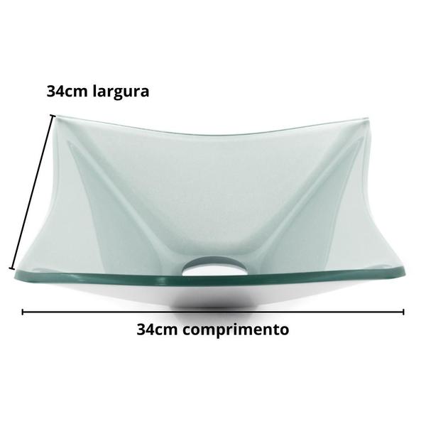 Imagem de Kit Cuba Vidro Quadrada 34cm Banheiros Lavabos + Torneira Link + Válvula Click+ Sifão Universal