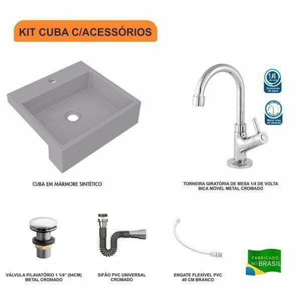 Imagem de Kit Cuba XQ395 Torneira 1198 Metal Válvula Click 1 1/2 Polegada Sifão Cromado Flexível Compace