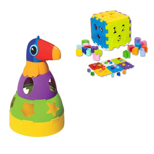 Imagem de Kit Cubo Didático Infantil 24 Peças+Tucano Empilhar Didático Bebê Criança