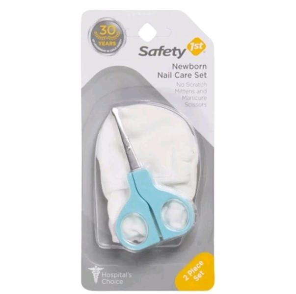 Imagem de Kit Cuidados para Unhas  Recém-Nascido Par de Luvas Brancas  de Algodão Contra Arranhões e Tesoura Azul - Safety First