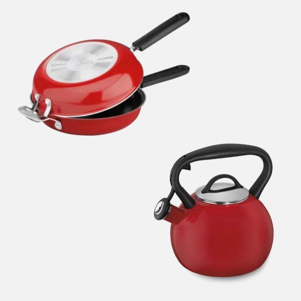 Kit cuisinart frigideira dupla antiaderente 25cm e chaleira aura esmalte 2 litros em porcelana vermelho Imagem de Kit cuisinart frigideira dupla antiaderente 25cm e chaleira aura esmalte 2 litros em porcelana vermelho