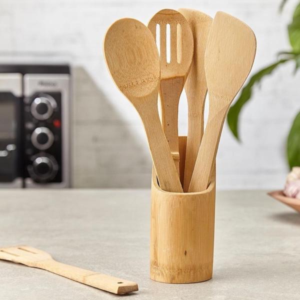 Imagem de Kit Culinário Colher Bambu Pau Suporte Utensílios Cozinha 5 Peças