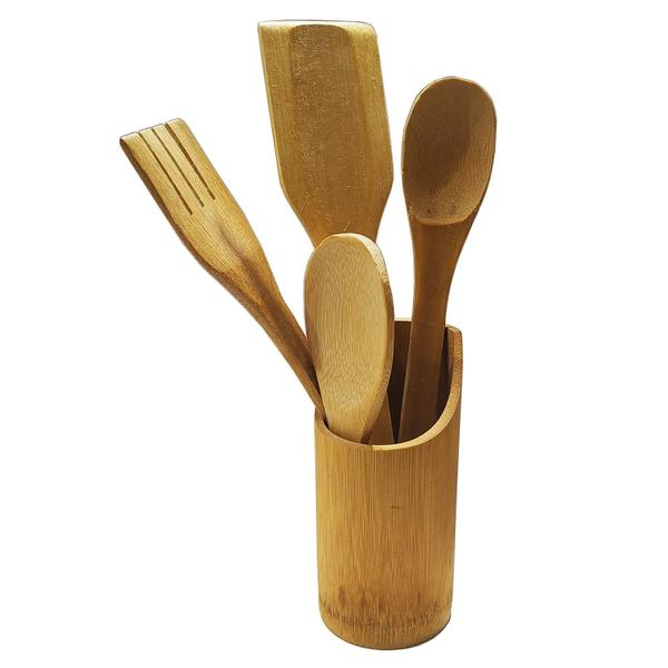 Imagem de Kit Culinário Colher De Bambu Pau Suporte Utensílios Cozinha redondo