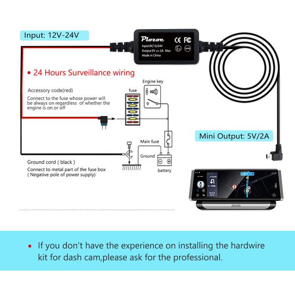 Imagem de Kit Dash Cam Hardwire Plozoe 12V-24V a 5V com cabo Fuse Tap